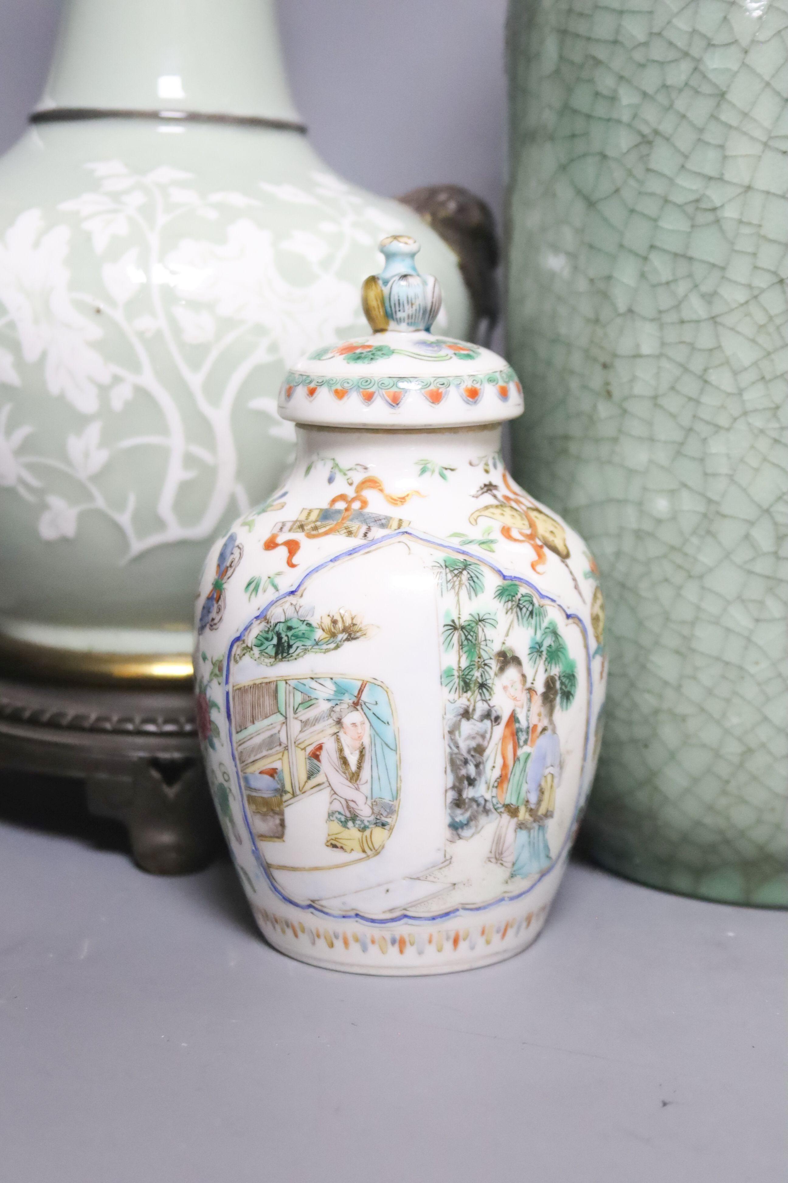Four Chinese porcelain vases, one mounted as a lamp, 35cm
